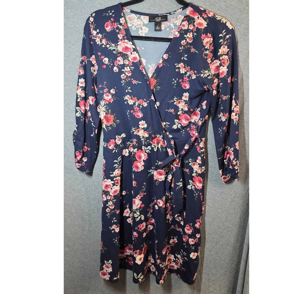 AGB Floral Faux Wrap Dress Small Navy Pink‎ Buttery Soft A-Line Flowers V Neck